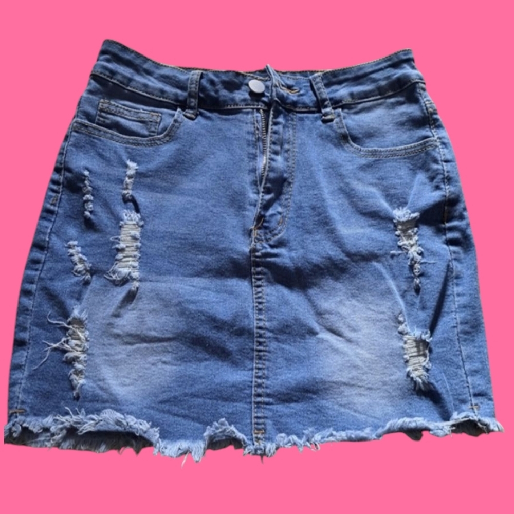 SHEIN Blue Denim Jeans Mini Skirt Distressed Frayed Hem Women's Size Small